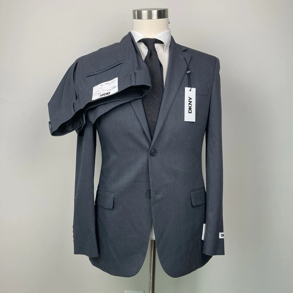 DKNY Mens Charcoal Gray 2 Piece Suit 42L Pants 35x33 Blazer Jacket
